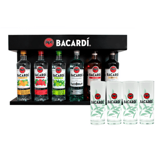 Exhibidor “Familia de Rones” Bacardí + Set de vasos HB Bacardí Palmera